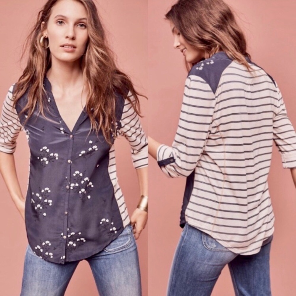 Tiny Anthropologie Floral Striped Button Blouse
